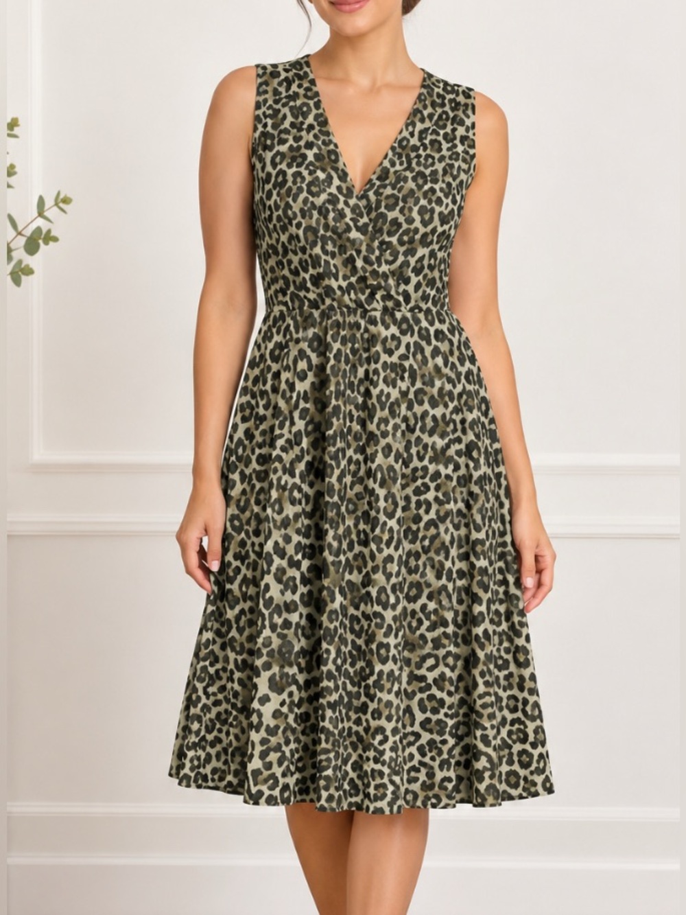 Anne Klein Leopard Print Sleeveless V-Neck Women’s Dress - Beige/Black 12